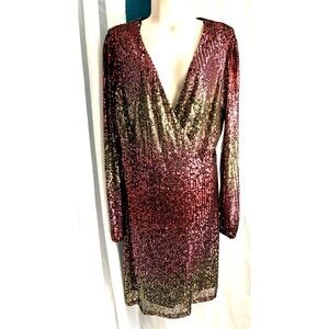 NWT Premier Amour Sequin Wrap Party Dress Cocktail Size 10 Red, Cranberry Gold